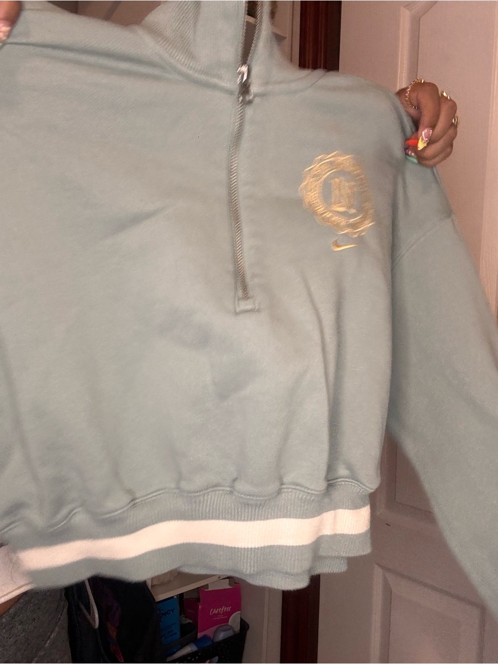 Nike Women's Sage Green Half-Zip Cropped Sweater with White Stripe